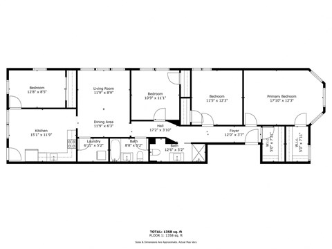 Floor plan for 4 beds, 2 baths, 1360 sqft